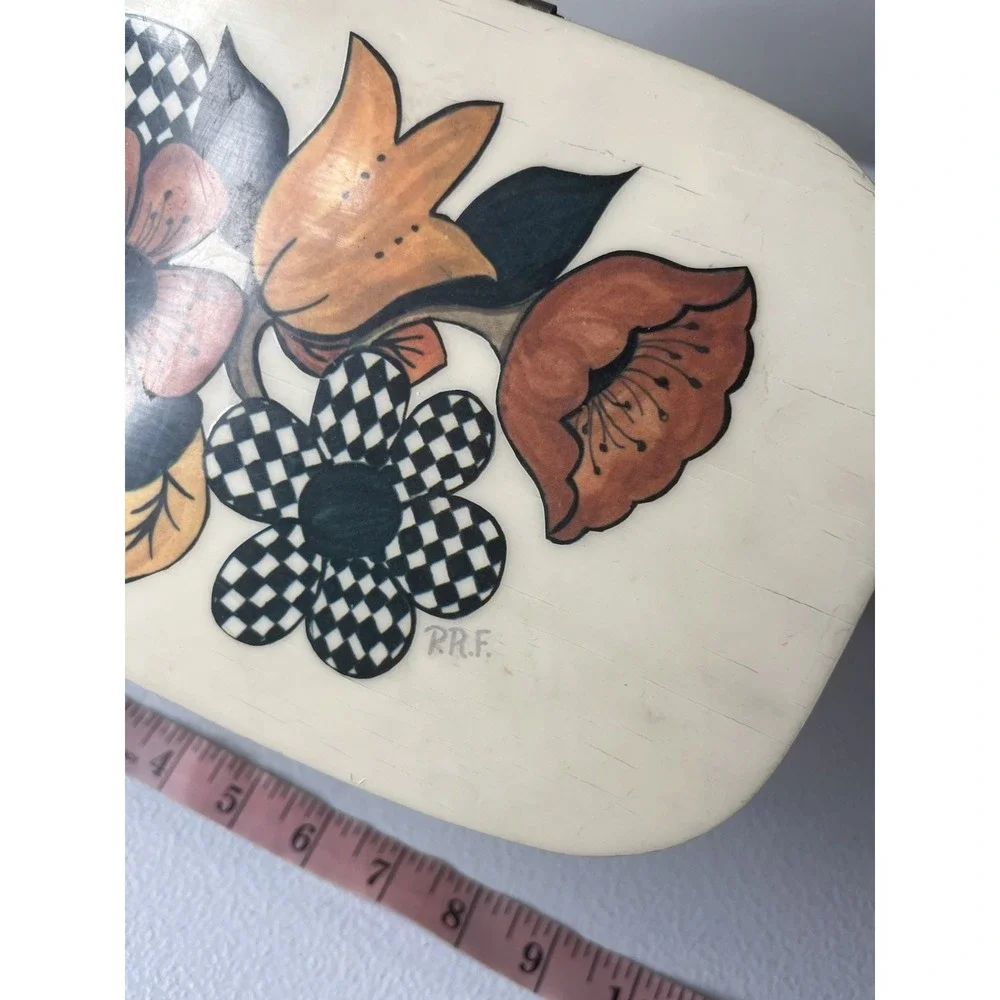 VTG Top Handle Wood‎ Basket Purse Floral Lid Woven Handbag Decoupage MCM